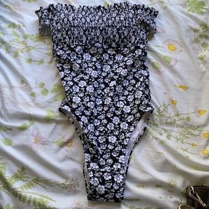 Off the shoulder shirred one piece bathing suit